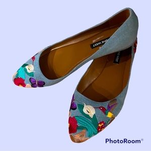 Nine West Sz 9 M Suziella Textile Embroidered Tropical Floral Flats Shoe Denim